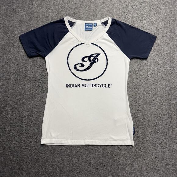 Indian Motorcycles Tops - Indian Motorcycles Short Sleeve T-Shirt Women's XS White/Navy Blue Raglan Sleeve